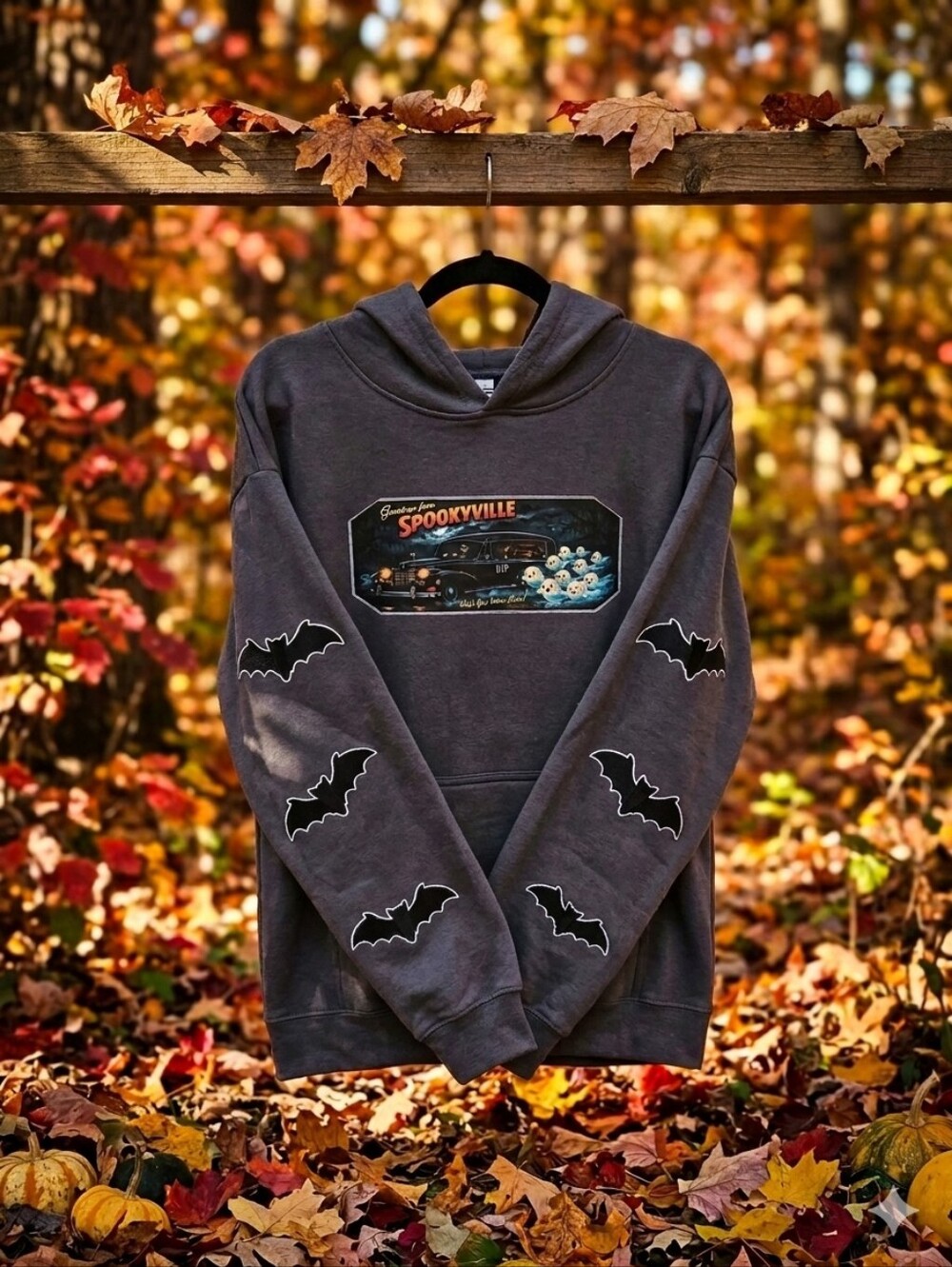 Custom Designed Spookyville Graphic Hoodie - Dark Gray Womens Sweater
